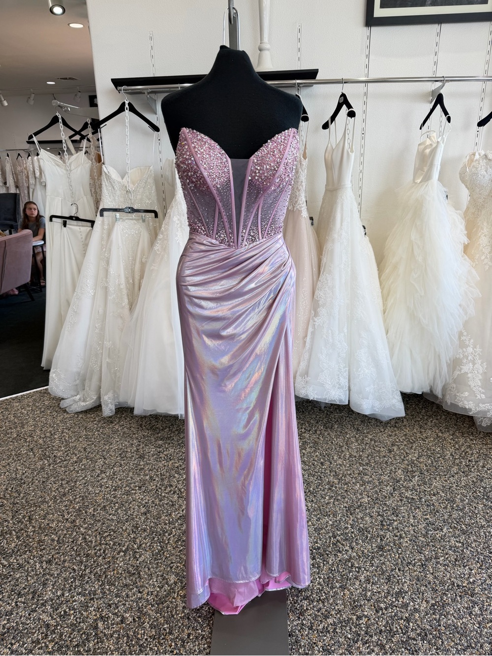Clarisse Iridescent Lavender Pink Strapless Beaded Prom Gown